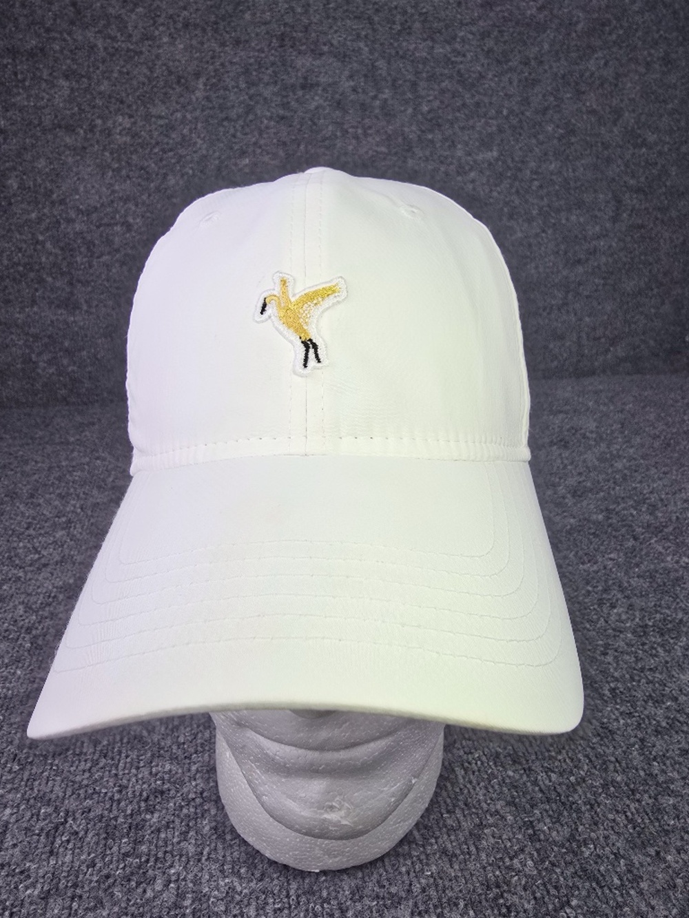 AHEAD Tech Performance Golf Hat White Yellow Crane Bird Embroidered Mid Fit